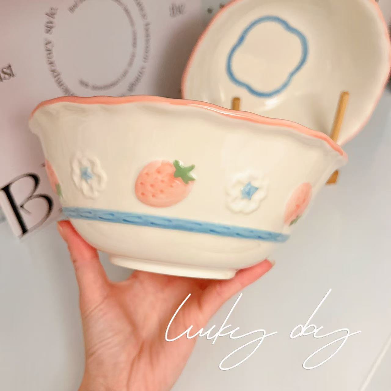 Pink Strawberry Ceramic Large Soup Bowl – 1100ML Capacity