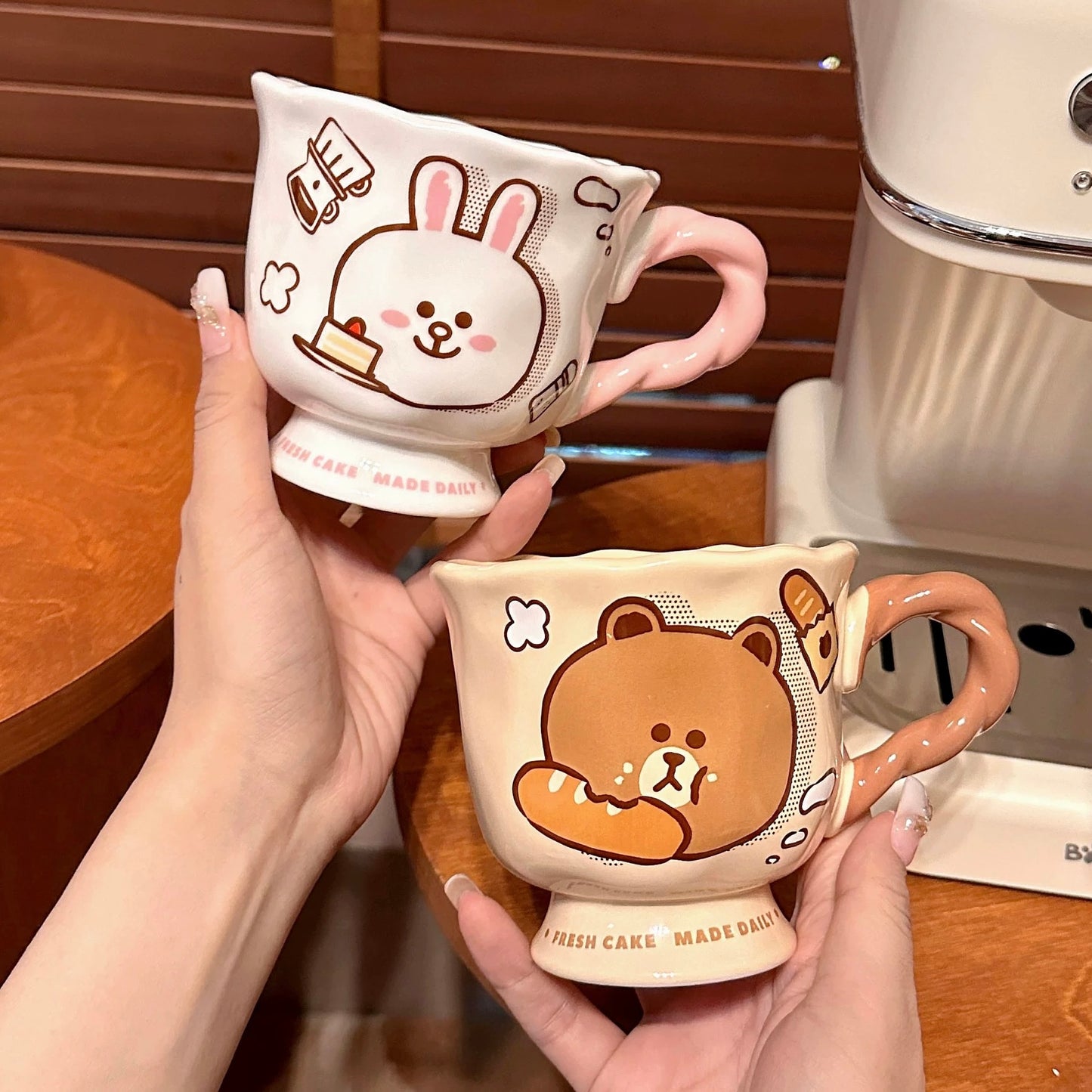 Brown Bear & Cony Bunny Ceramic Mug | Vintage-Inspired Coffee Cup, 400ML Capacity