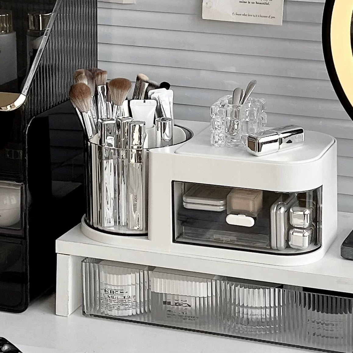 Space-Saving Cosmetic Storage Box with Jewelry Drawer and Rotating Brush Holder
