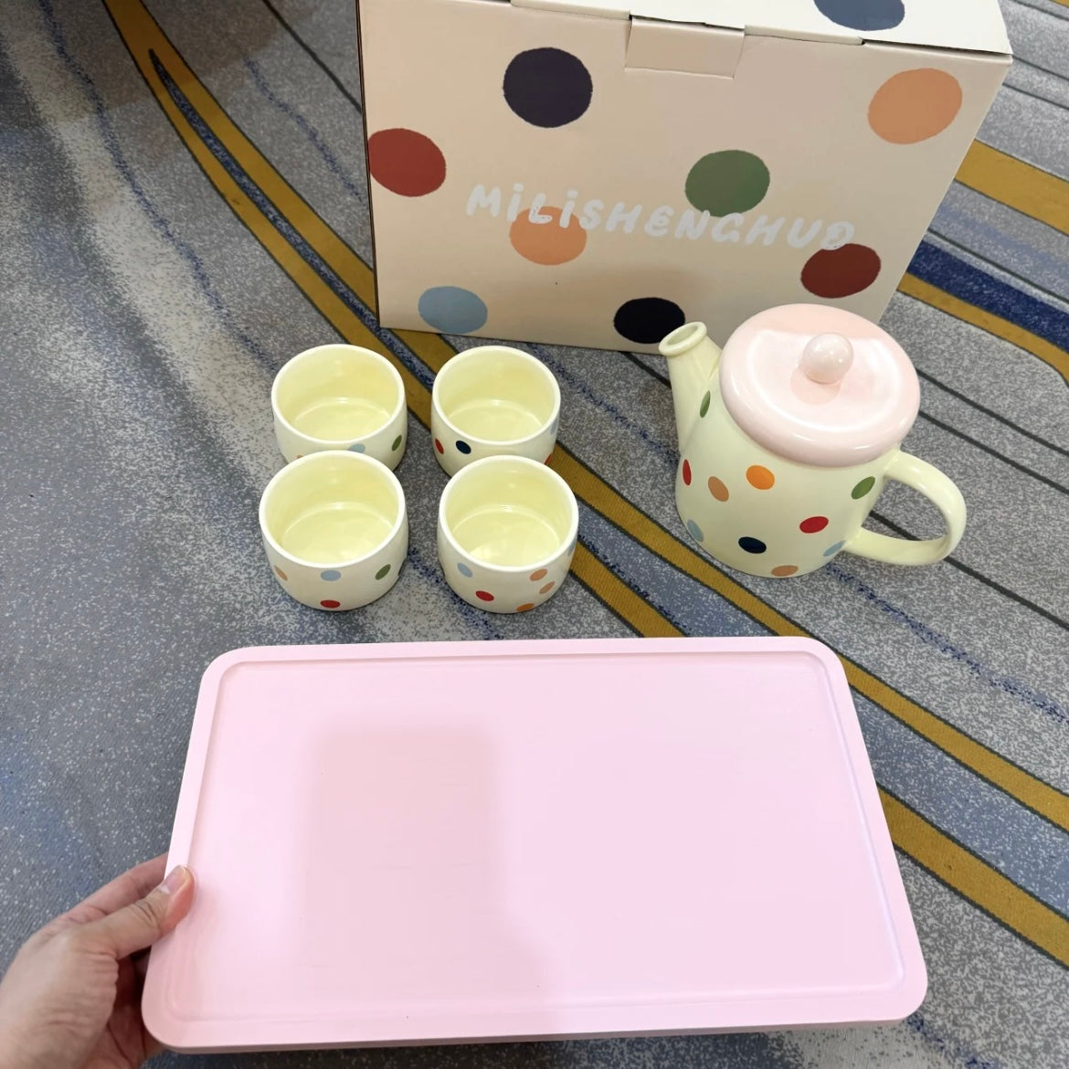Colorful Polka Dot Tea Set Gift Box – 1 Teapot & 4 Cups with Wooden Tray, Perfect for Gifting