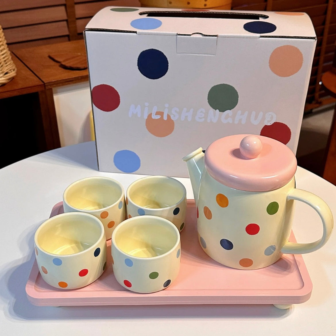 Colorful Polka Dot Tea Set Gift Box – 1 Teapot & 4 Cups with Wooden Tray, Perfect for Gifting