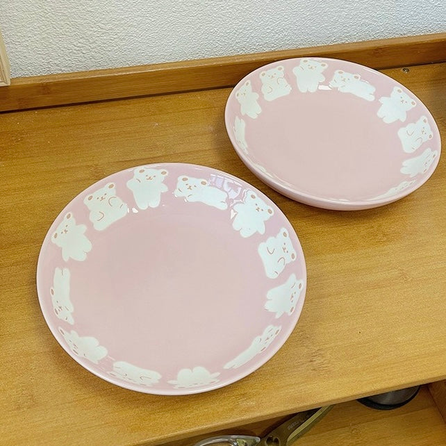 Pink Bear Ceramic Plate | 8-Inch Matte Bear Design, Perfect for Saucy Dishes