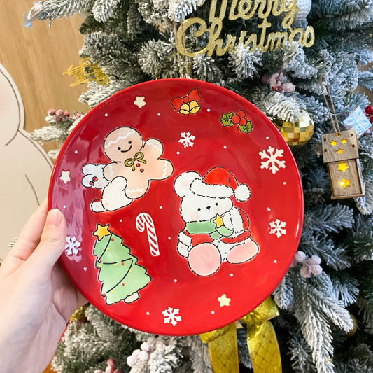 Hand-painted Christmas ceramic plate with snowman in navy blue, 21CM diameter