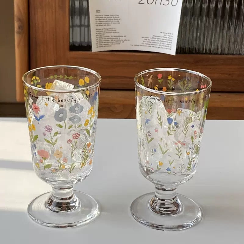Spring Floral Footed Glass Cup – 250ML Capacity