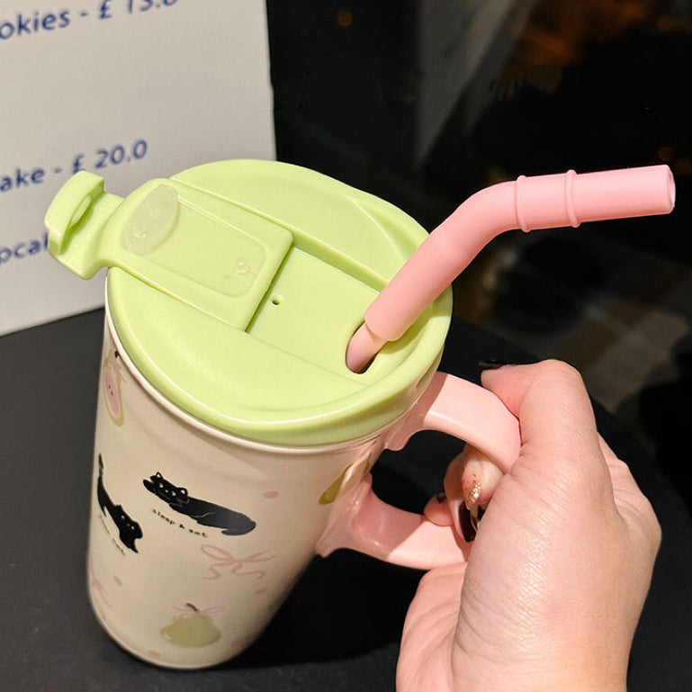 Black Cat Ceramic Cup with Lid & Straw – 520ML