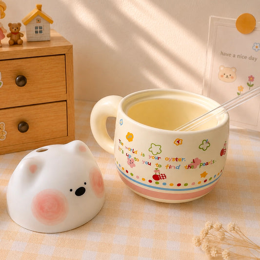 Chubby Bear Ceramic Mug with Bear Lid & Glass Straw – 350ML