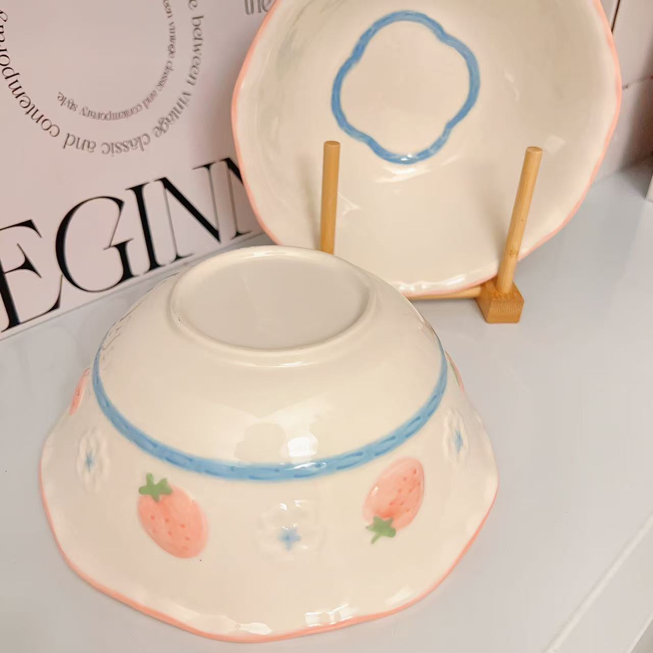 Pink Strawberry Ceramic Large Soup Bowl – 1100ML Capacity