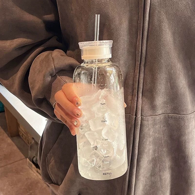 White Time Scale Glass Straw Cup with 2 Lids - Straw & Sealed Lid