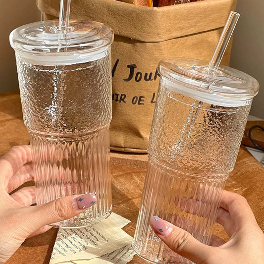 Hammered Texture Glass Cup with Straw, 600ML Capacity