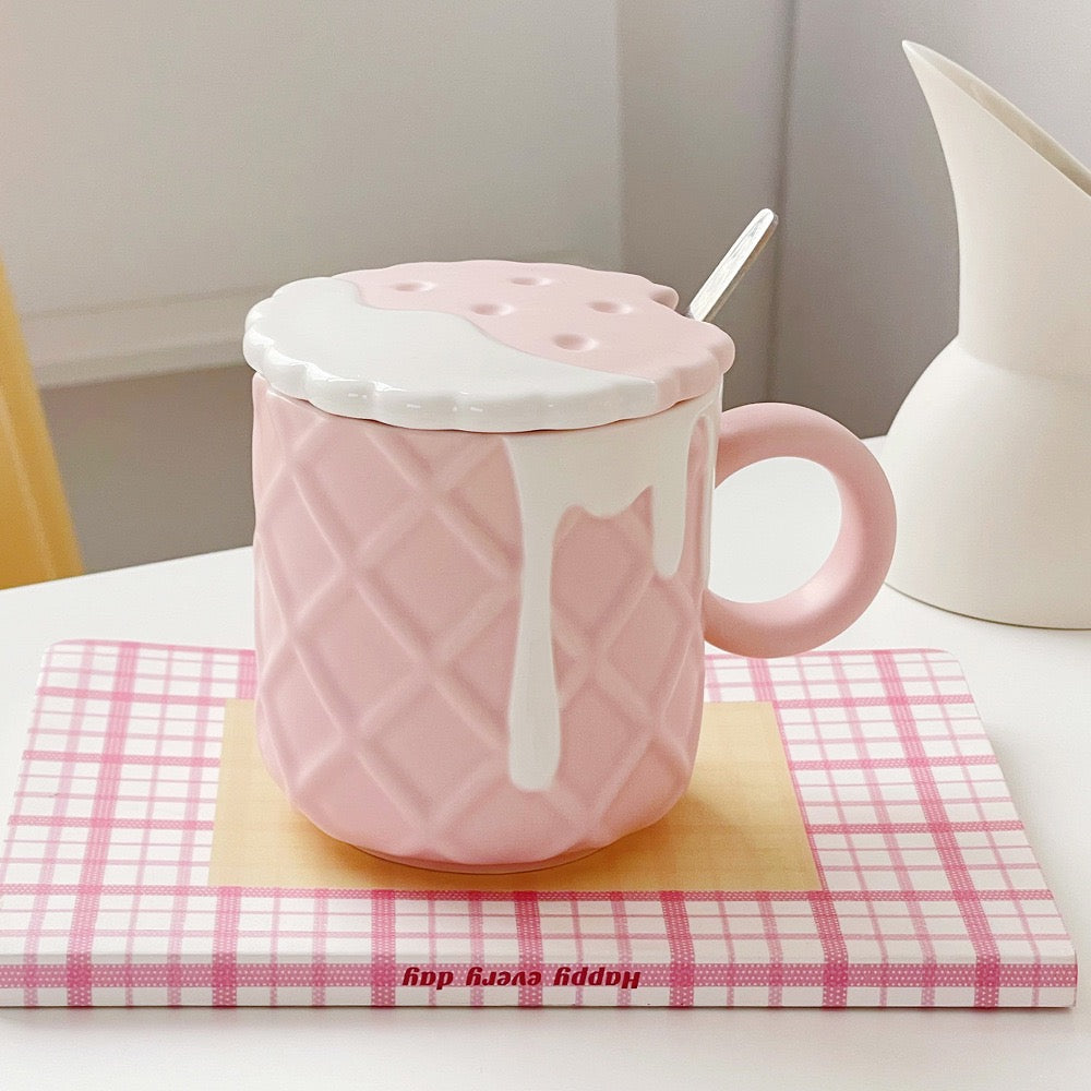 Ice Cream Cone Ceramic Mug with Cookie Lid and Spoon | 420ML Large Capacity
