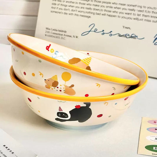 Cat & Dog Party Ceramic Ramen Bowl – 1000ML