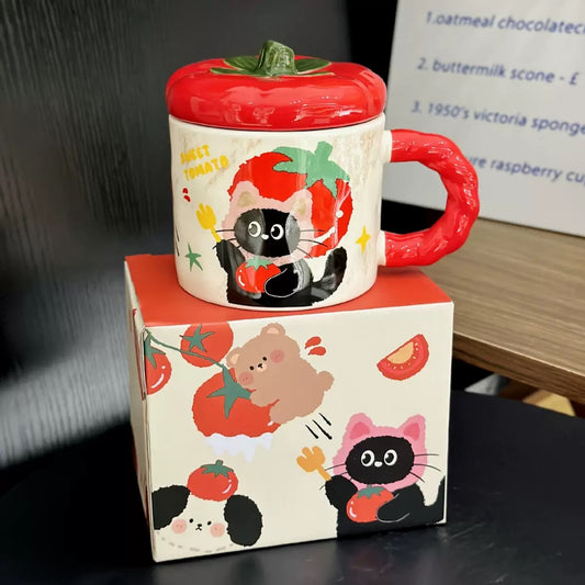 Tomato Lid Ceramic Mug with Cute Animal Design – 350ML