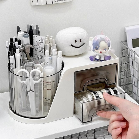 Cream-Colored Rotating Pen Holder with Storage Drawers