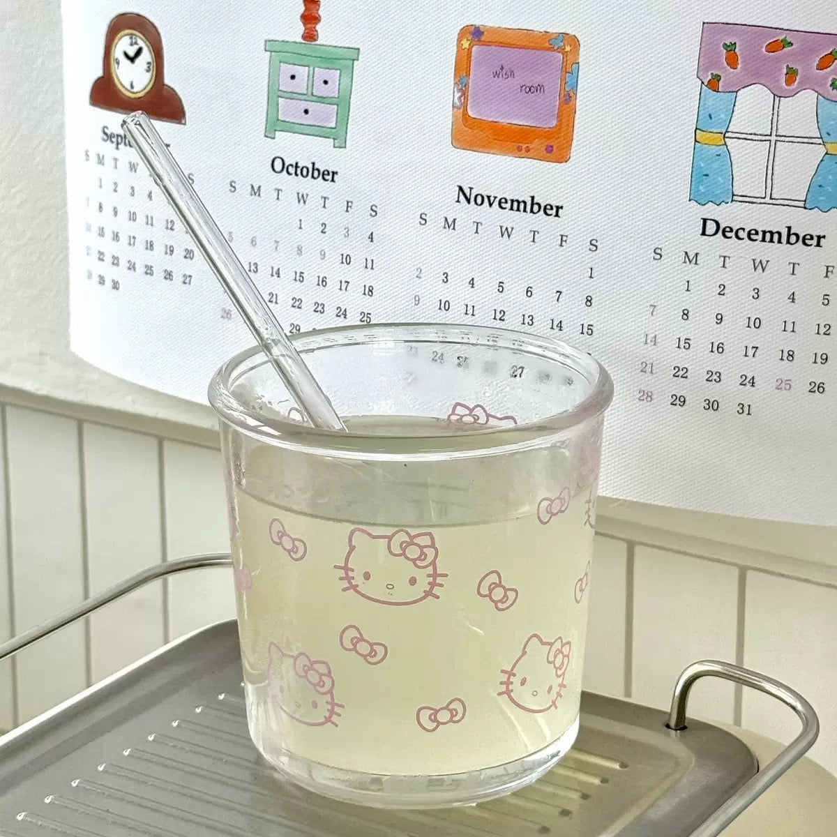 Kitty Short Glass Tumbler with Glass Straw – 400ML