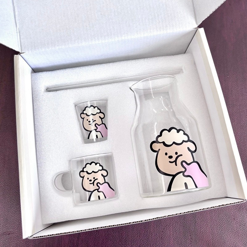 Chubby Sheep Glass Pitcher Set – Cute 4-Piece Gift Box with Cups & Straw