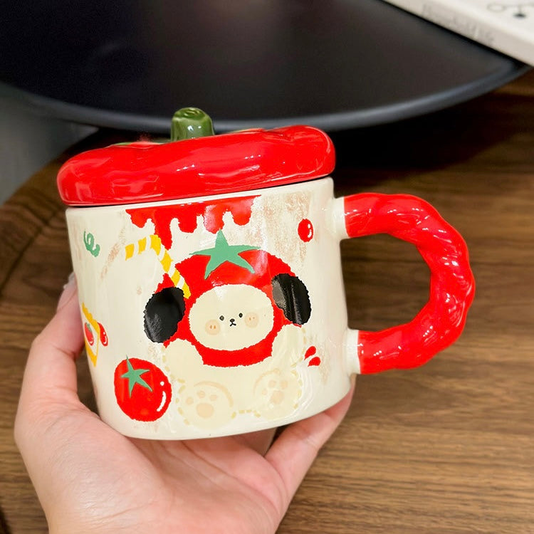 Tomato Lid Ceramic Mug with Cute Animal Design – 350ML