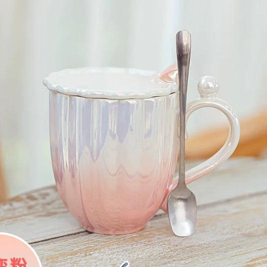 Seashell Pearl Glaze Ceramic Mug with Lid & Spoon - 400ML