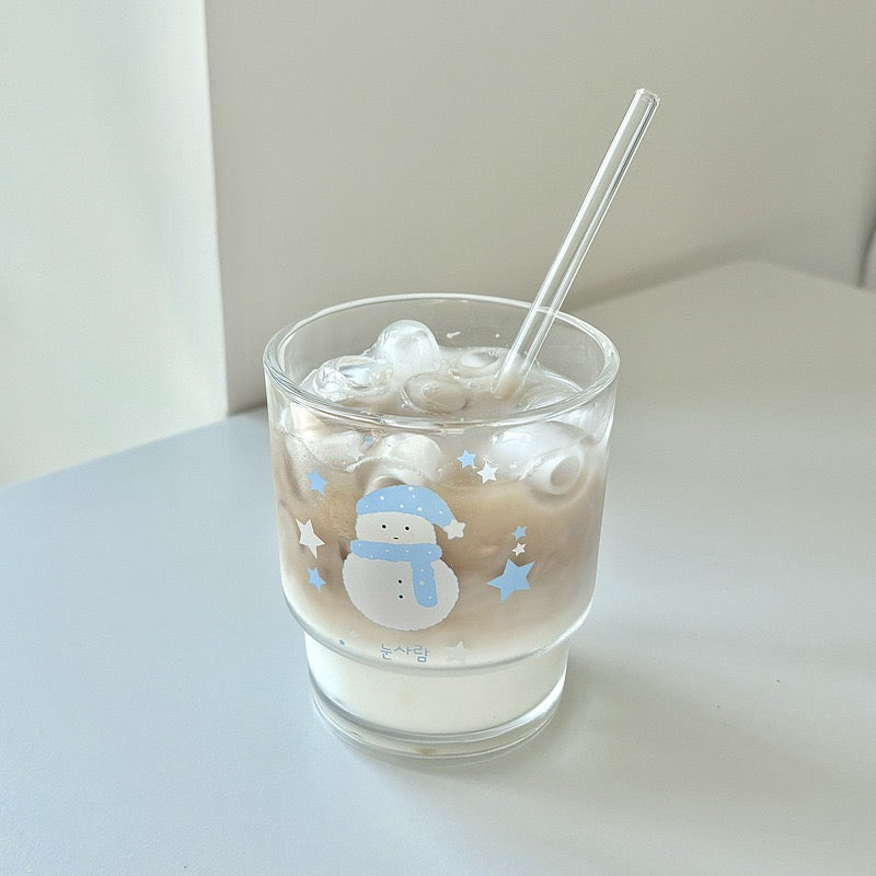 Cute Snowman Glass Cup with Straw – 350ML Capacity
