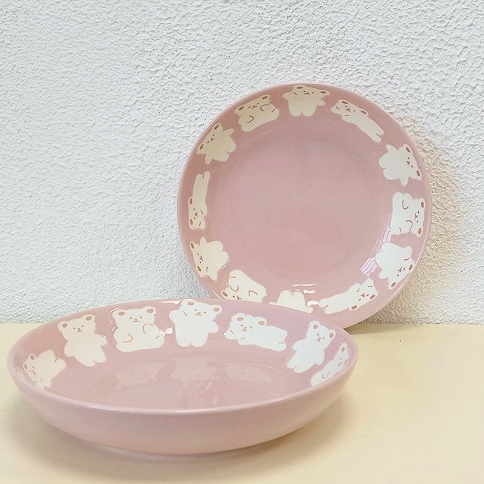 Pink Bear Ceramic Plate | 8-Inch Matte Bear Design, Perfect for Saucy Dishes