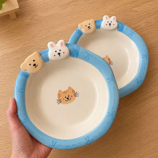 Hand-Painted Bunny & Bear Cute Ceramic Deep Plate, 8-Inch