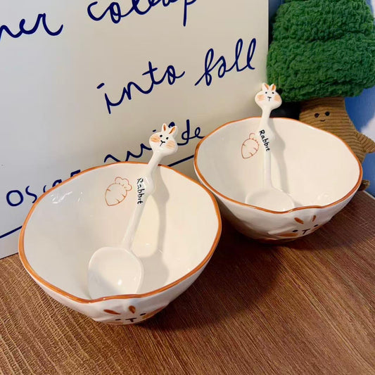 Hand-Painted Rabbit Ceramic Yogurt Bowl with Spoon - 400ML