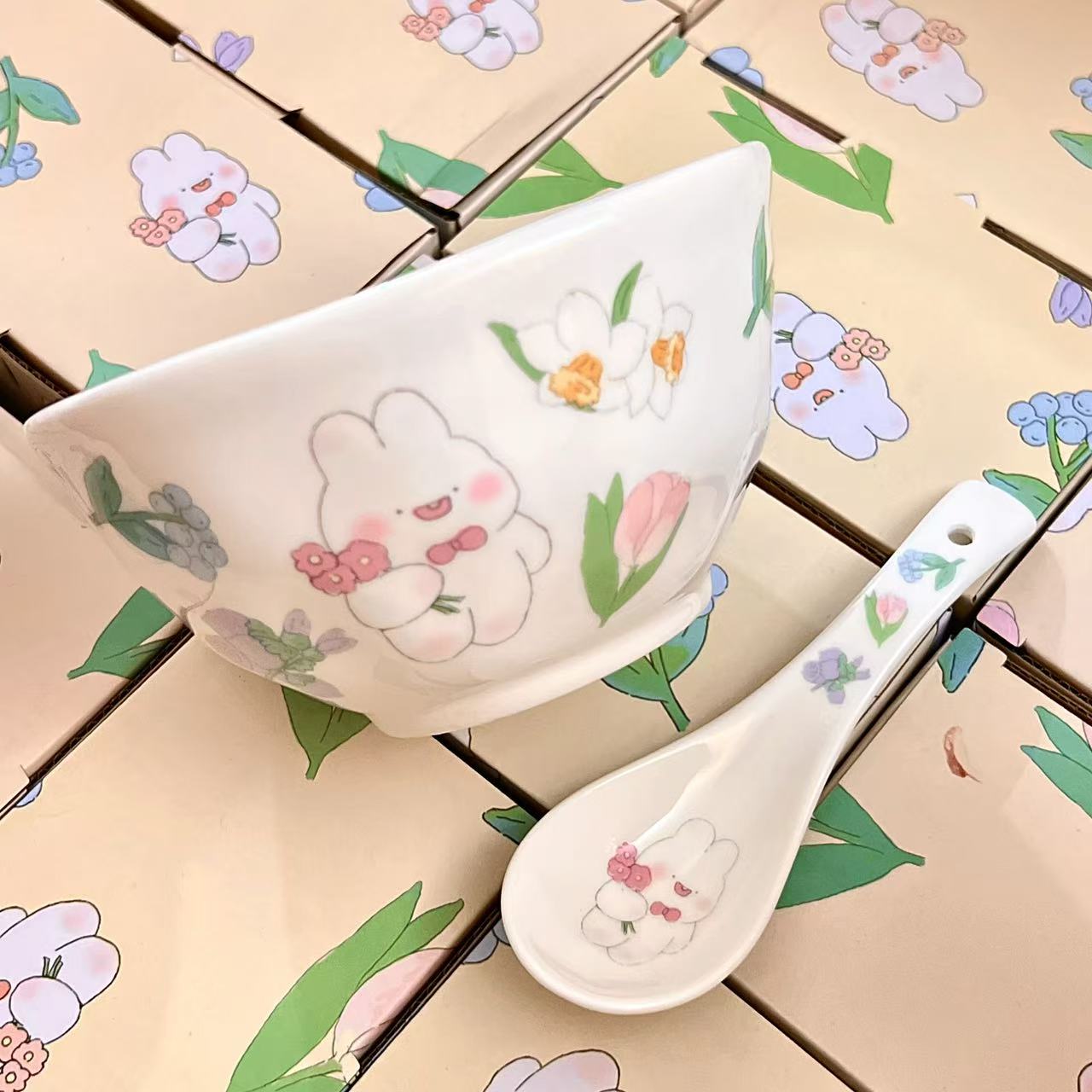 Handcrafted Bunny Ceramic Bowl & Spoon Set – 5.3” with Gift Box