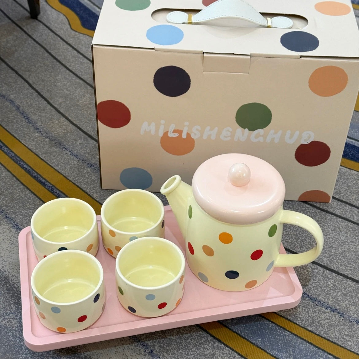 Colorful Polka Dot Tea Set Gift Box – 1 Teapot & 4 Cups with Wooden Tray, Perfect for Gifting