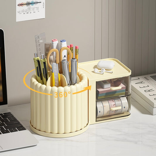 Cream Ribbed Rotating Pen Holder with Drawer Organizer - 2 Colors
