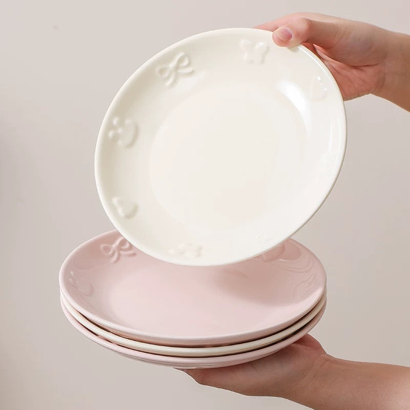 Embossed Bunny Ceramic Dinnerware Set | Pastel Pink & Cream White Tableware