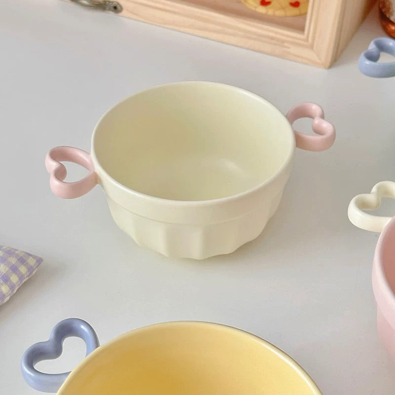 Heart-Shaped Handle Ceramic Bowl - 360ML, 5 Pastel Colors
