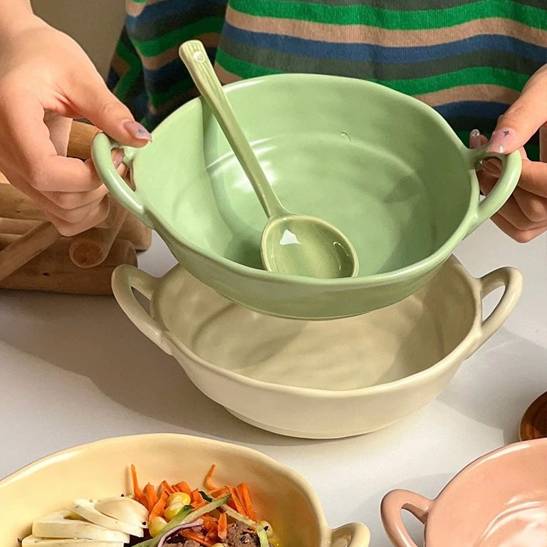 Macaron Color Double-Handle Ceramic Bowl | Three Sizes Available | 550ml, 700ml, 960ml