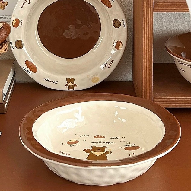Brown Bear Hand-Pinched Ceramic Plate – 8.25 Inch Deep Dish for Soups and Salads