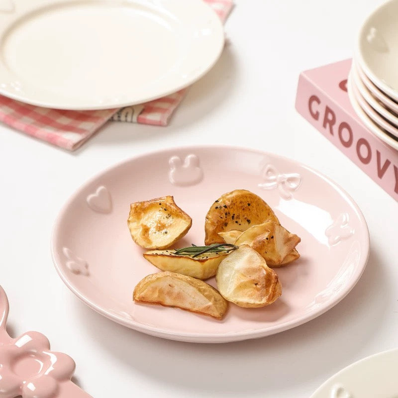 Embossed Bunny Ceramic Dinnerware Set | Pastel Pink & Cream White Tableware