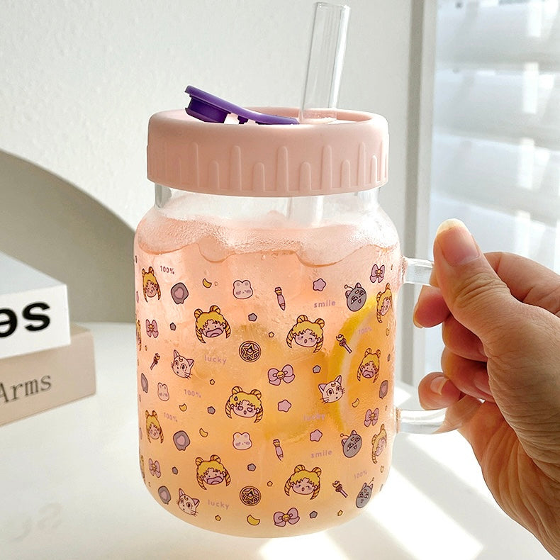 Cute Girl Glass Cup with Straw & Lid - 700ML