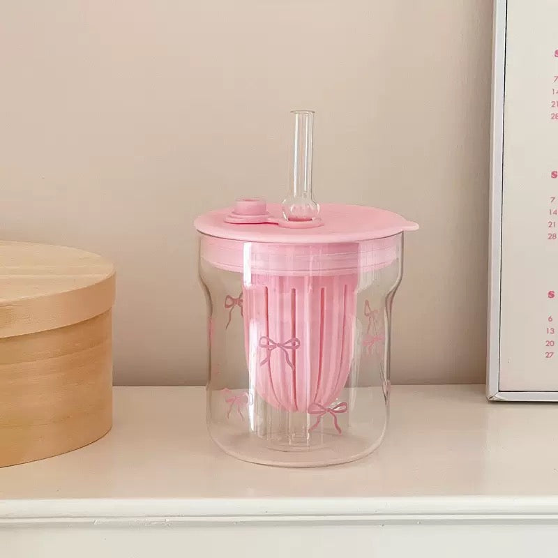 Coquette Bow Glass Cup with Straw – 500ML
