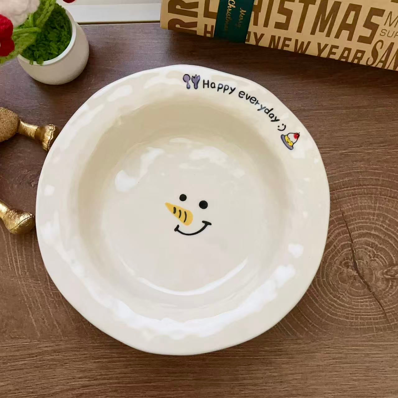 Cute Snowman Ceramic Deep Plate, 8.1-Inch | Christmas Gift