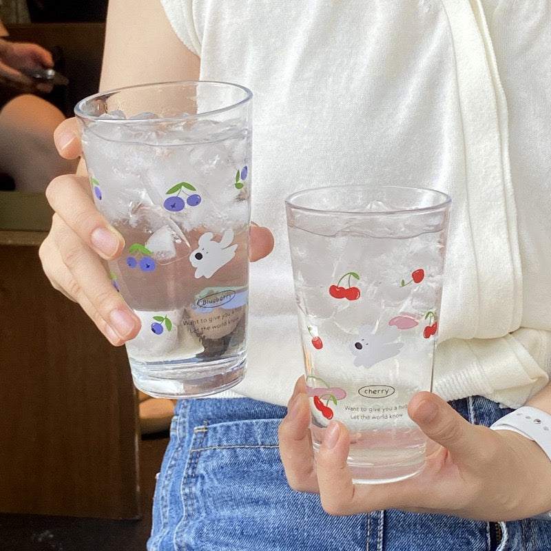 Cherry & Blueberry Puppy Glass Mug – Cute 450ml Large Capacity Drinking Cup