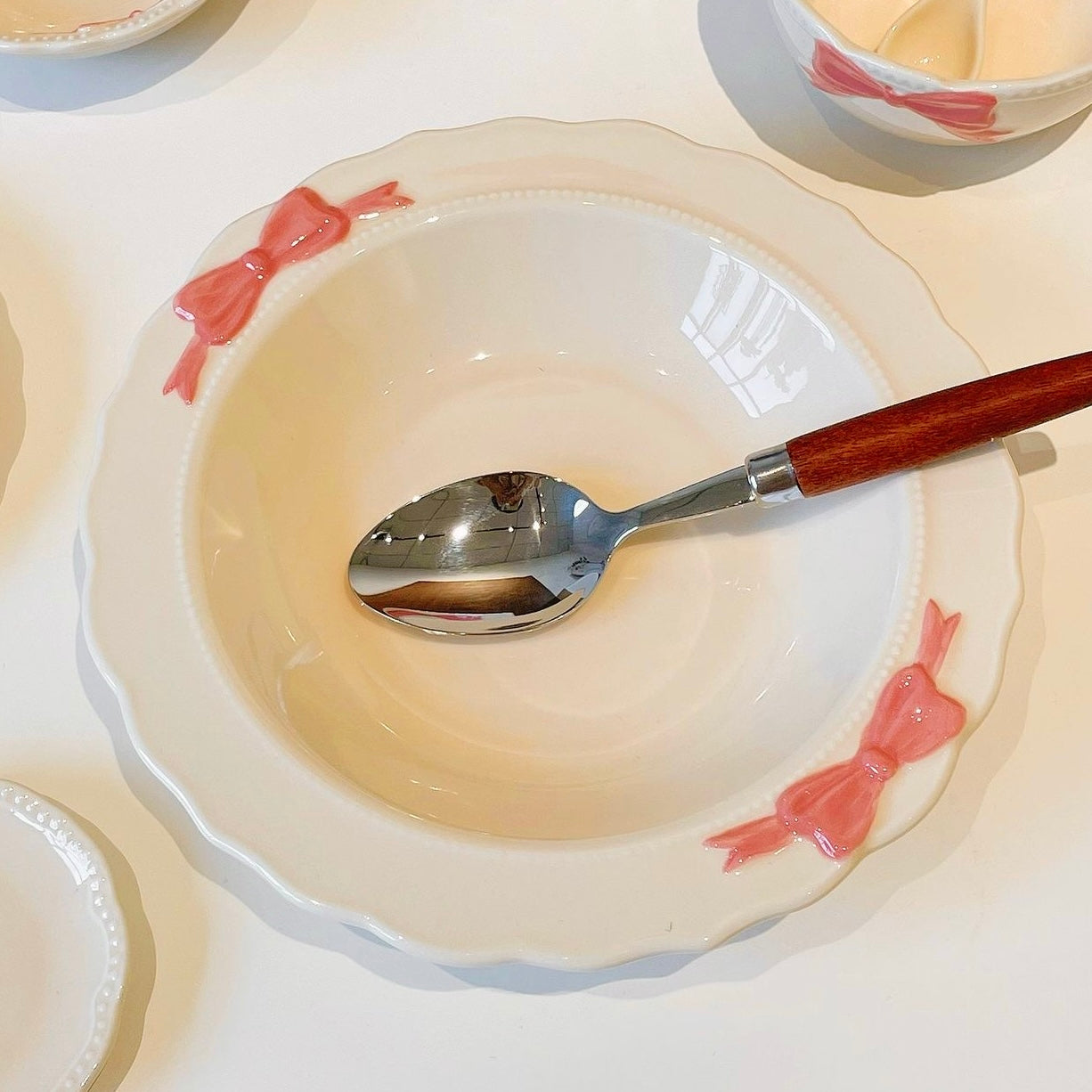 Pink Bow Ceramic Deep Plate | Elegant Embossed Design | Microwave & Dishwasher Safe