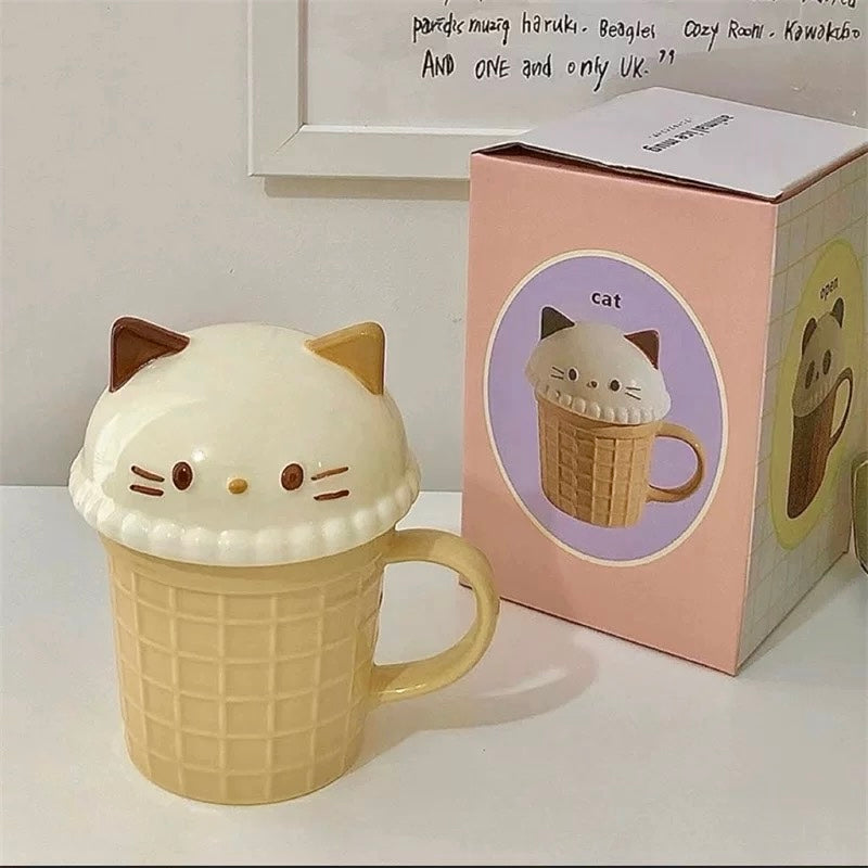 Bunny & Cat Ice Cream Cone Ceramic Mug with Lid, 260ML