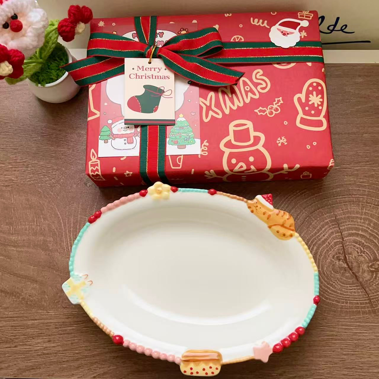 Colorful Kitty Ceramic Oval Dessert Plate, 8.7-Inch | Christmas Gift