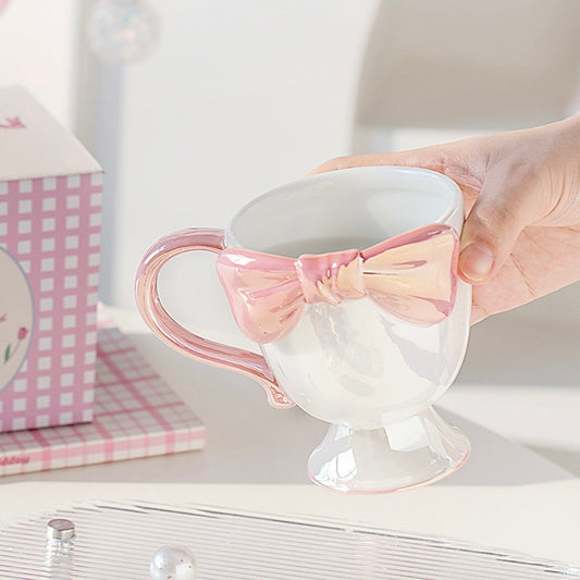 Pearl Glaze Tall Mug with Bow – Elegant Ceramic Coffee Cup, Gift Box Included