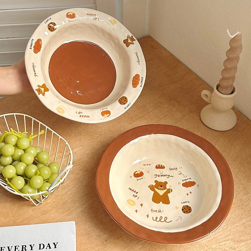 Brown Bear Hand-Pinched Ceramic Plate – 8.25 Inch Deep Dish for Soups and Salads