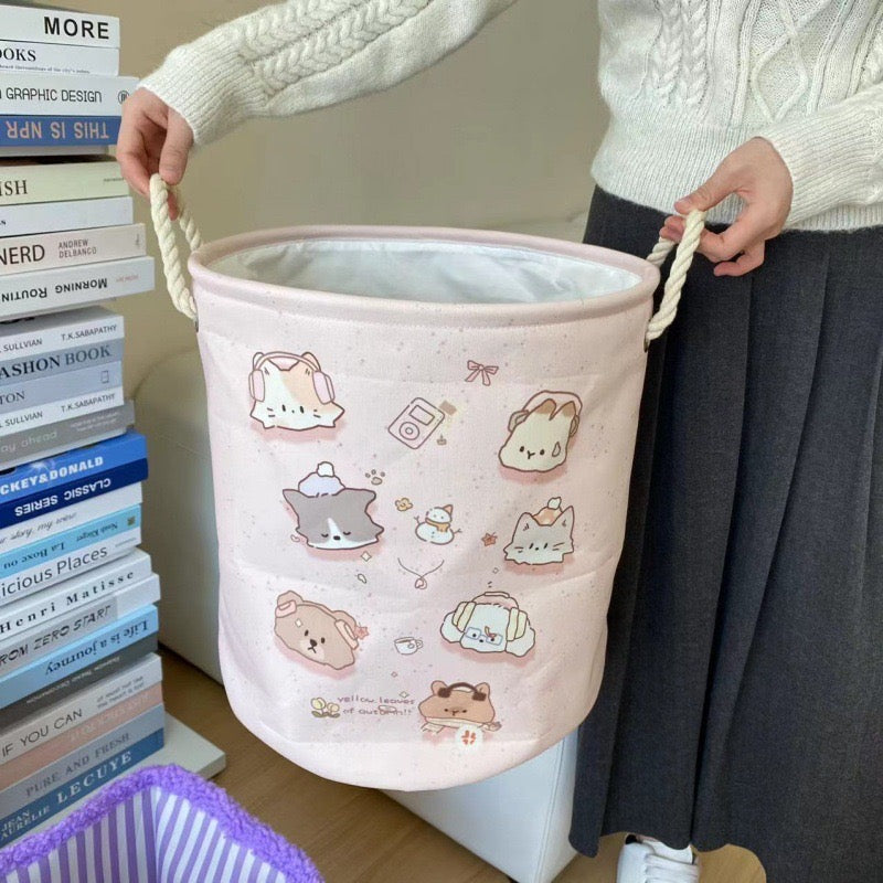 Pink Cat Linen Storage Bag - Foldable & Water-Resistant