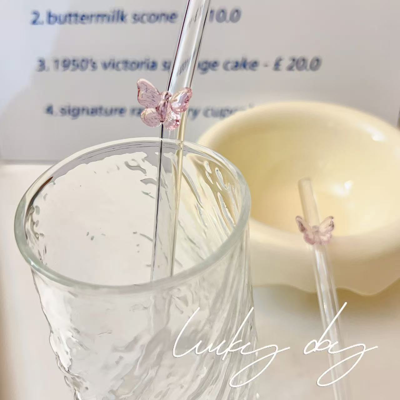 Reusable Pink Butterfly Glass Straw