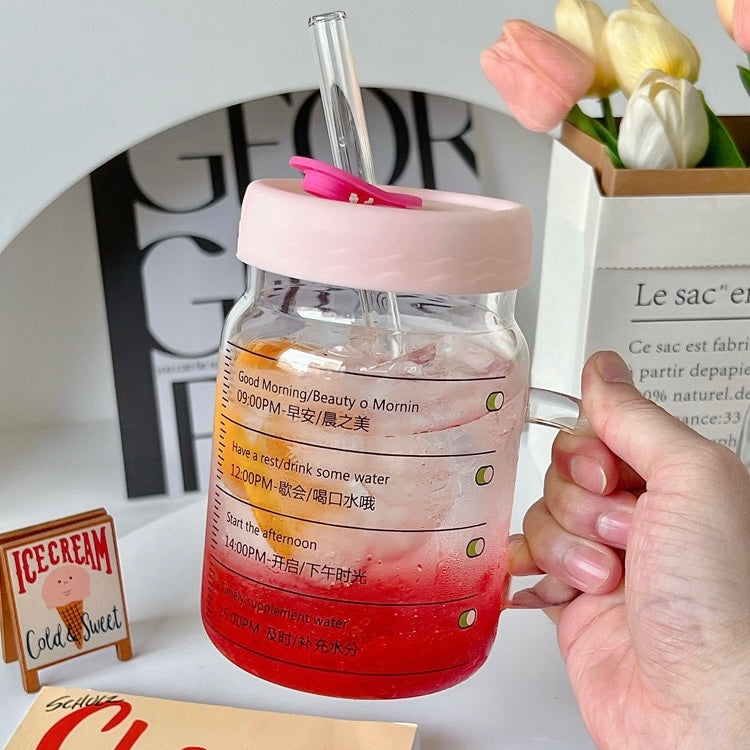 Time-Marked Glass Cup with Lid and Straw, 800ML Capacity