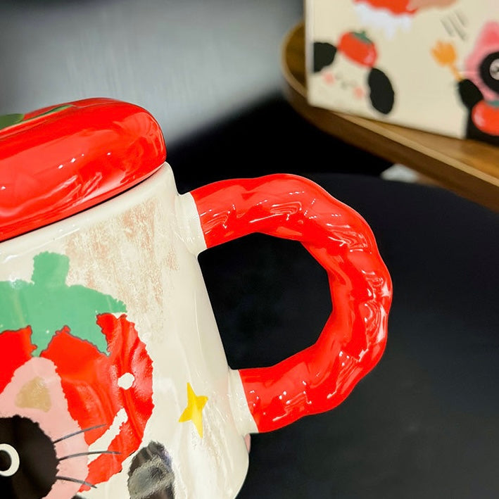 Tomato Lid Ceramic Mug with Cute Animal Design – 350ML