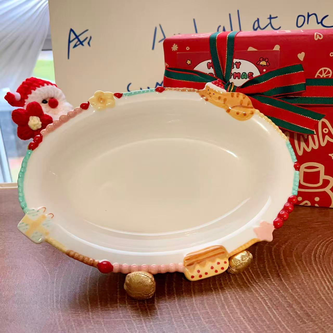 Colorful Kitty Ceramic Oval Dessert Plate, 8.7-Inch | Christmas Gift