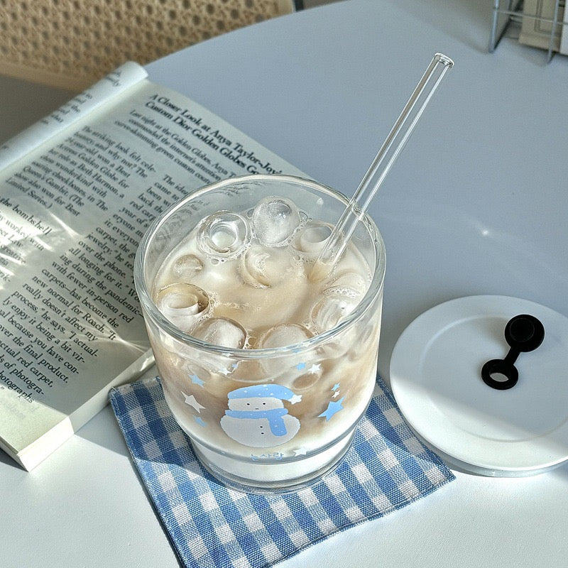 Cute Snowman Glass Cup with Straw – 350ML Capacity