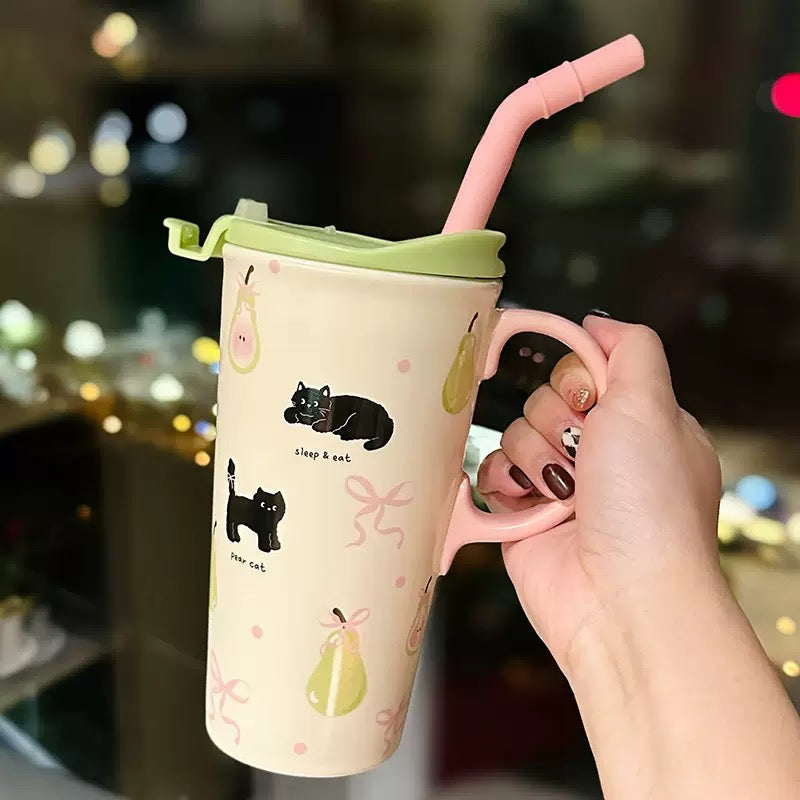 Black Cat Ceramic Cup with Lid & Straw – 520ML