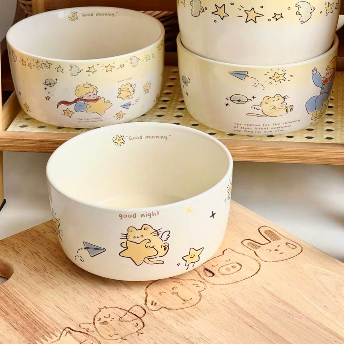 Star prince ceramic bowl set of 4 in cream gift box with alphabet pattern